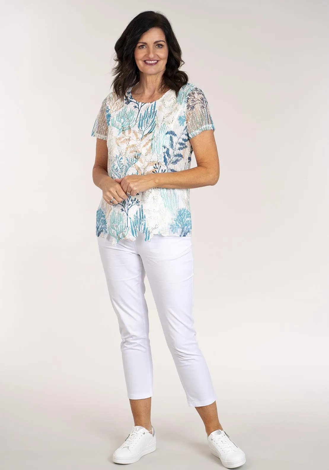 Short Sleeve Printed Top Lace - Green