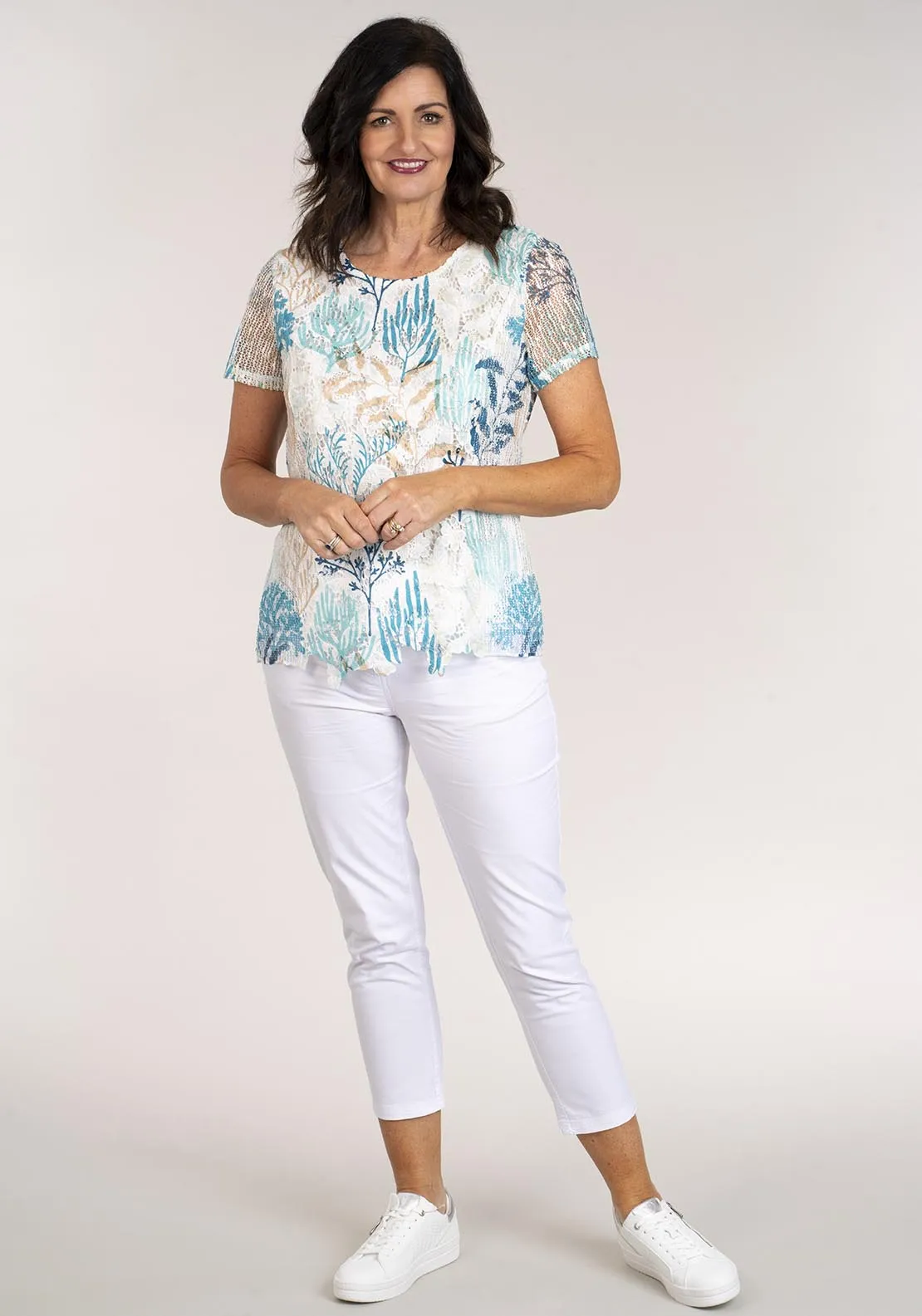 Short Sleeve Printed Top Lace - Green
