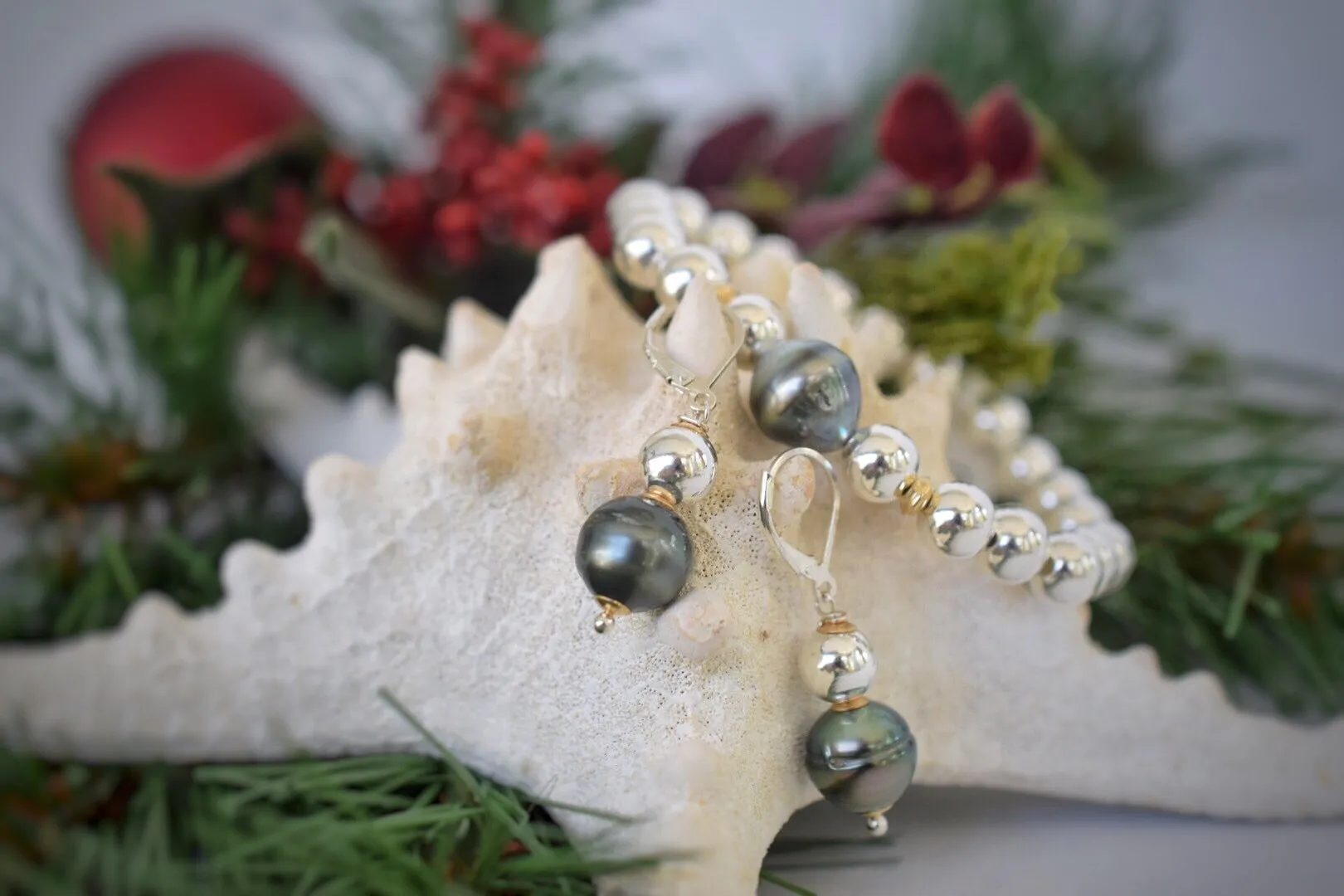Silver   Gold Tahitian Pearl Drop Earrings, Limited Edition