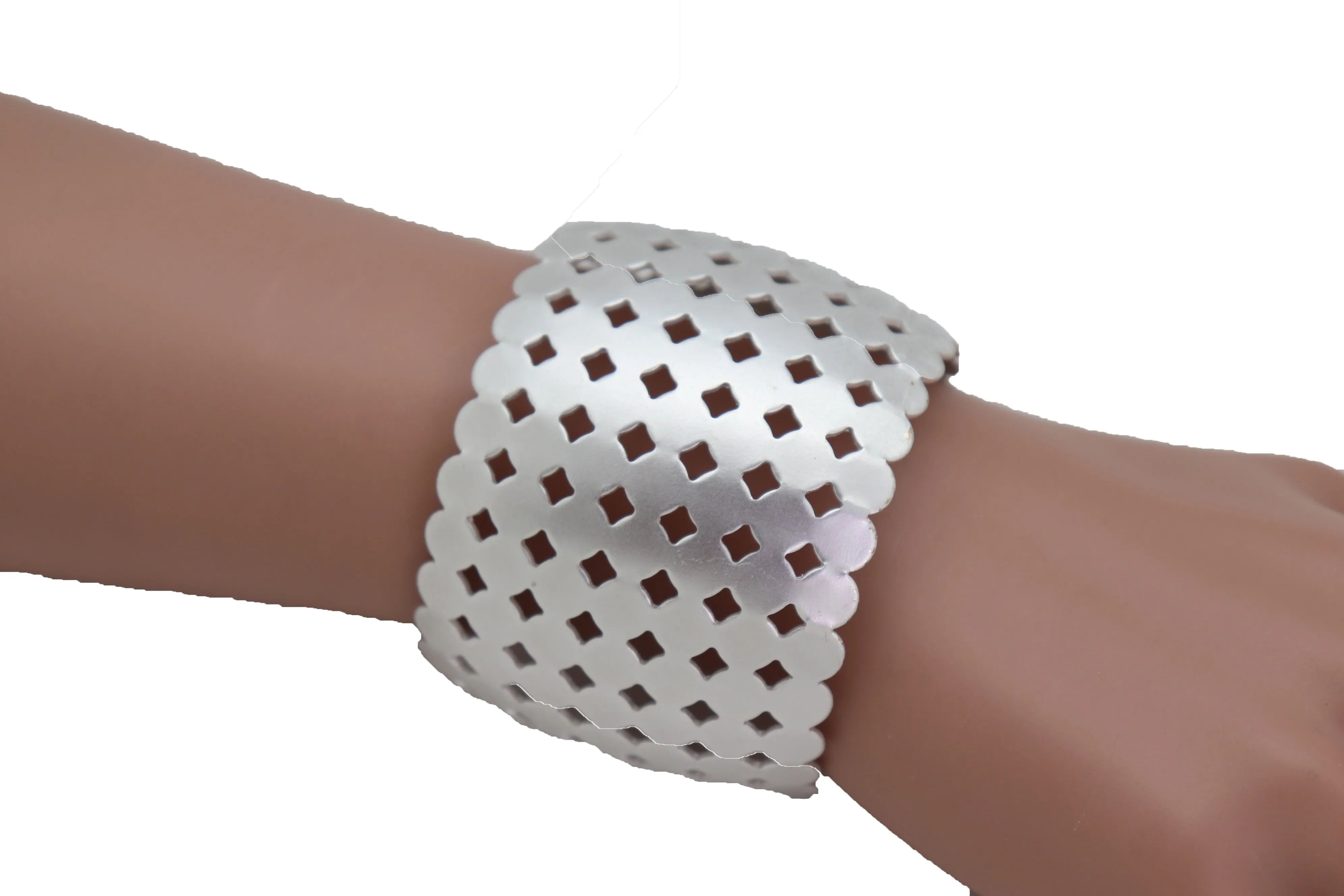 Silver Metal Cuff Wrist Bracelet Geometric Circle Squares