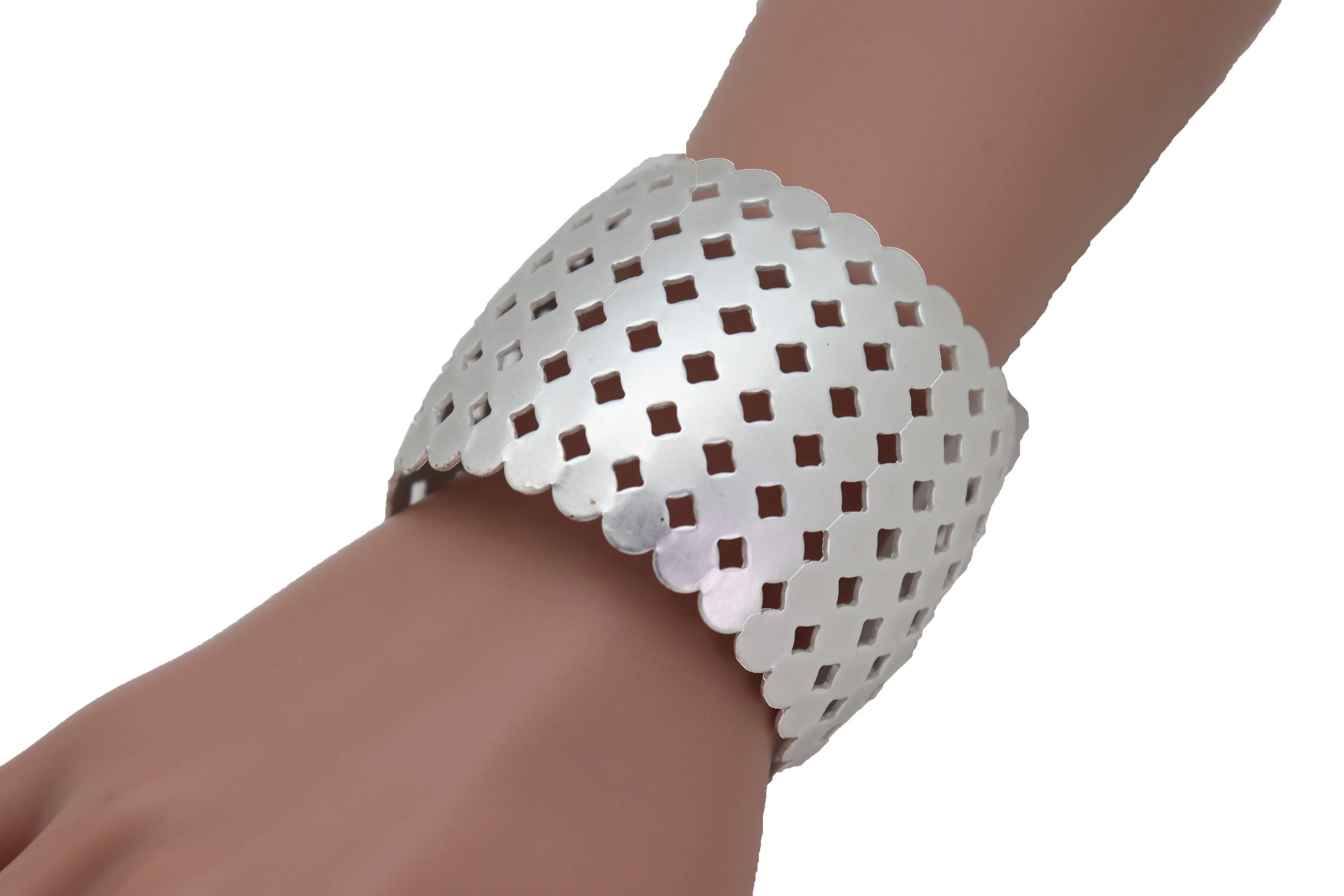 Silver Metal Cuff Wrist Bracelet Geometric Circle Squares