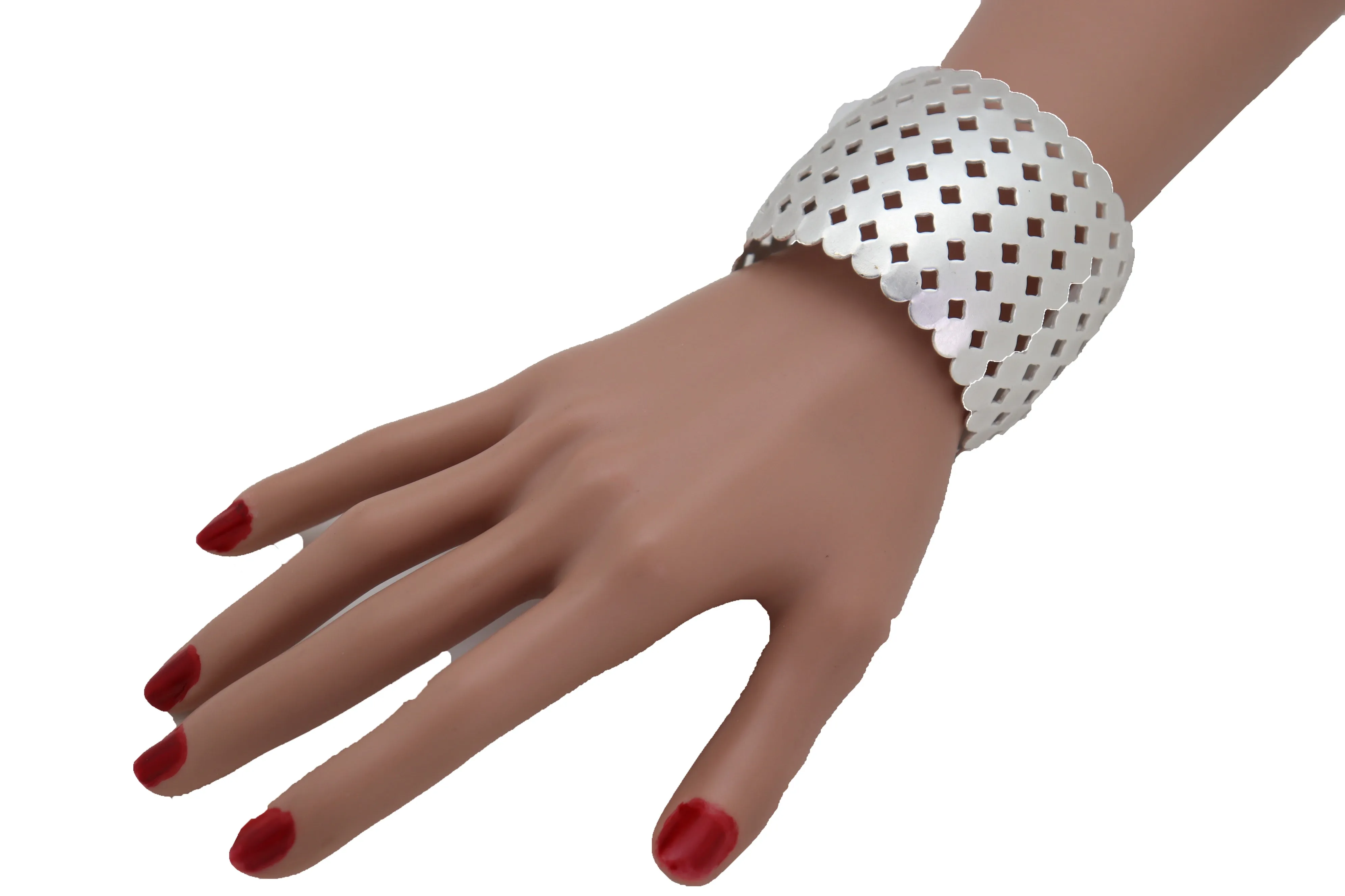 Silver Metal Cuff Wrist Bracelet Geometric Circle Squares