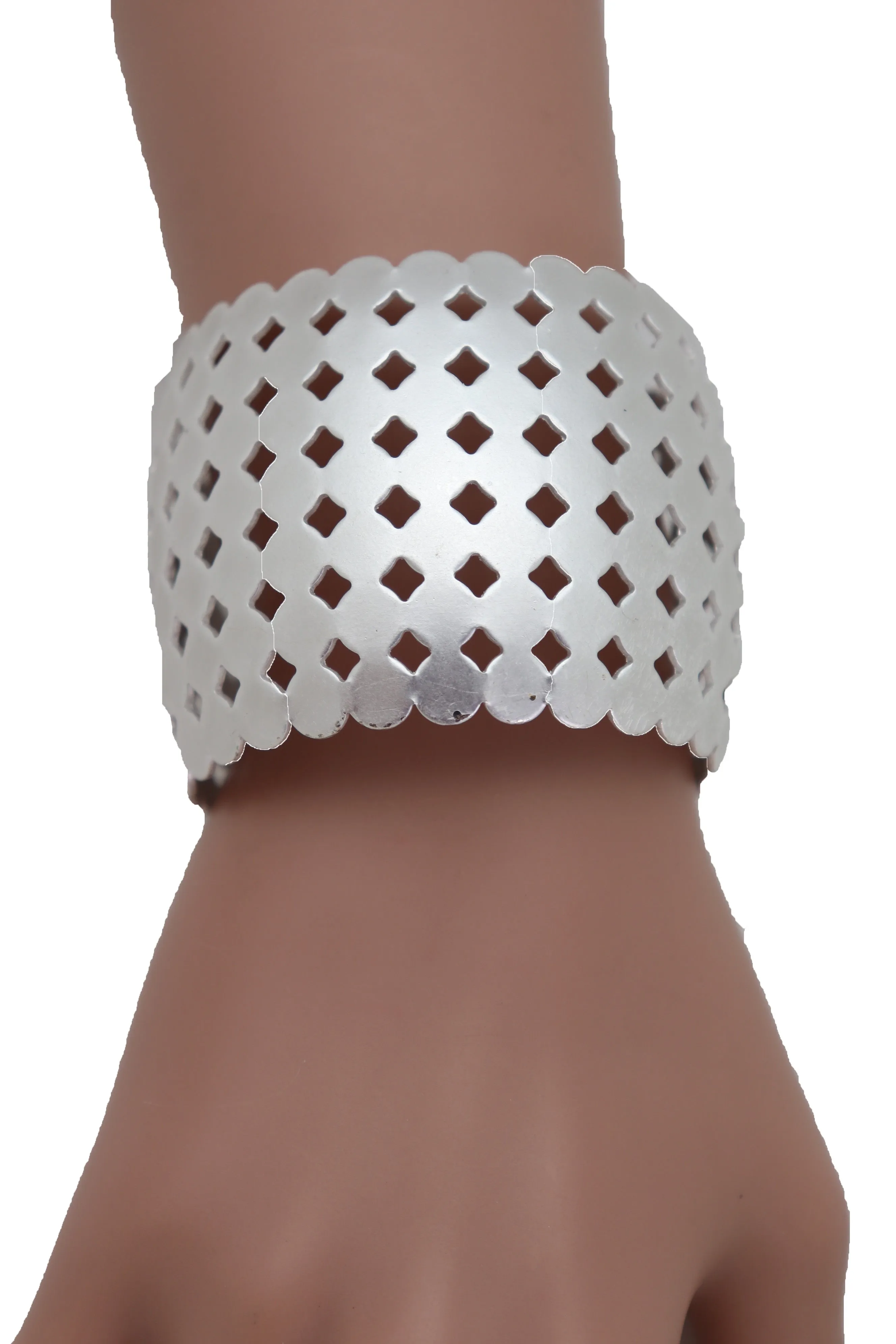 Silver Metal Cuff Wrist Bracelet Geometric Circle Squares
