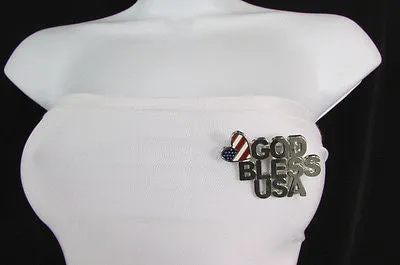 Silver Metal Pin Brooch Silver 4th of July American Flag GOD BLESS USA