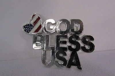 Silver Metal Pin Brooch Silver 4th of July American Flag GOD BLESS USA
