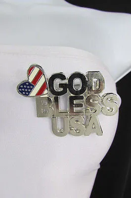 Silver Metal Pin Brooch Silver 4th of July American Flag GOD BLESS USA