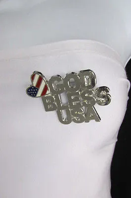 Silver Metal Pin Brooch Silver 4th of July American Flag GOD BLESS USA