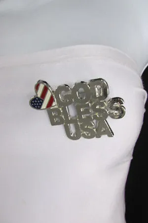 Silver Metal Pin Brooch Silver 4th of July American Flag GOD BLESS USA