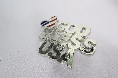 Silver Metal Pin Brooch Silver 4th of July American Flag GOD BLESS USA