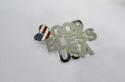 Silver Metal Pin Brooch Silver 4th of July American Flag GOD BLESS USA