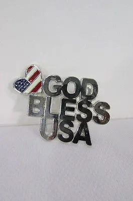Silver Metal Pin Brooch Silver 4th of July American Flag GOD BLESS USA