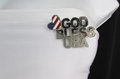 Silver Metal Pin Brooch Silver 4th of July American Flag GOD BLESS USA