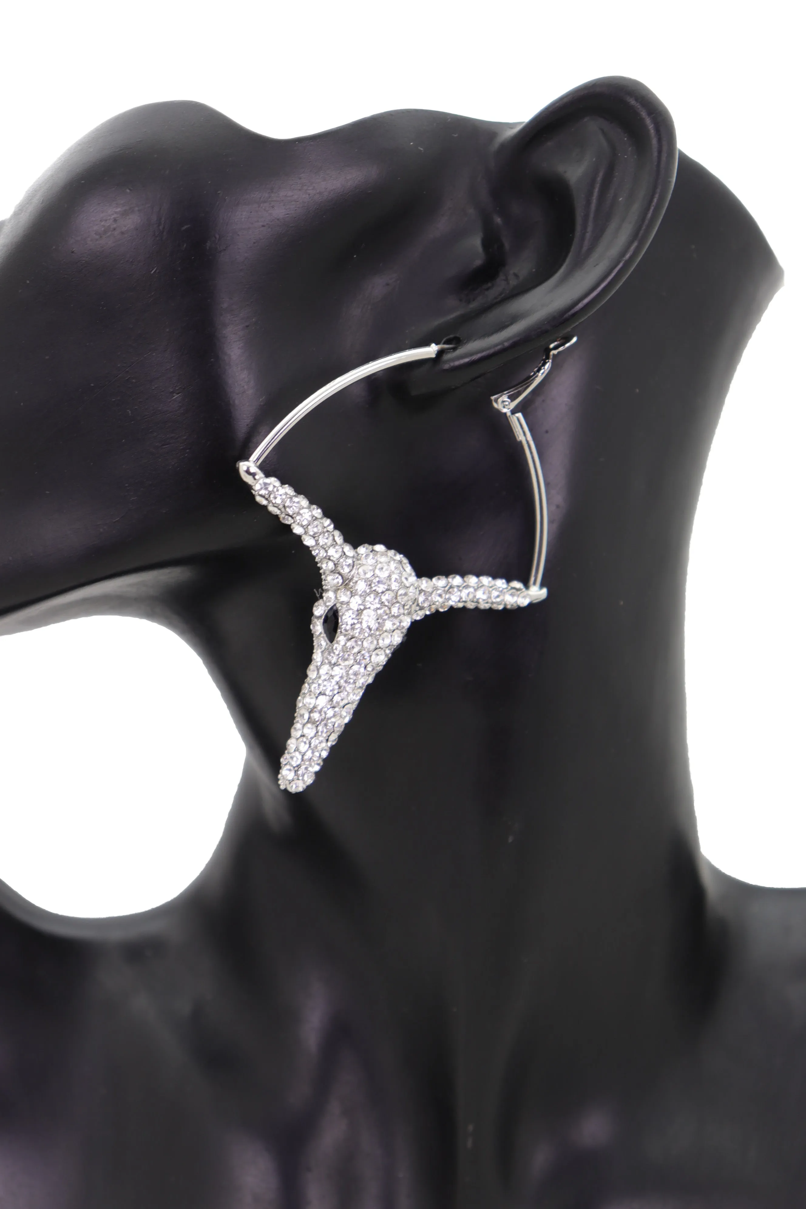 Silver Rhinestone Texas Longhorn Hoop Earrings