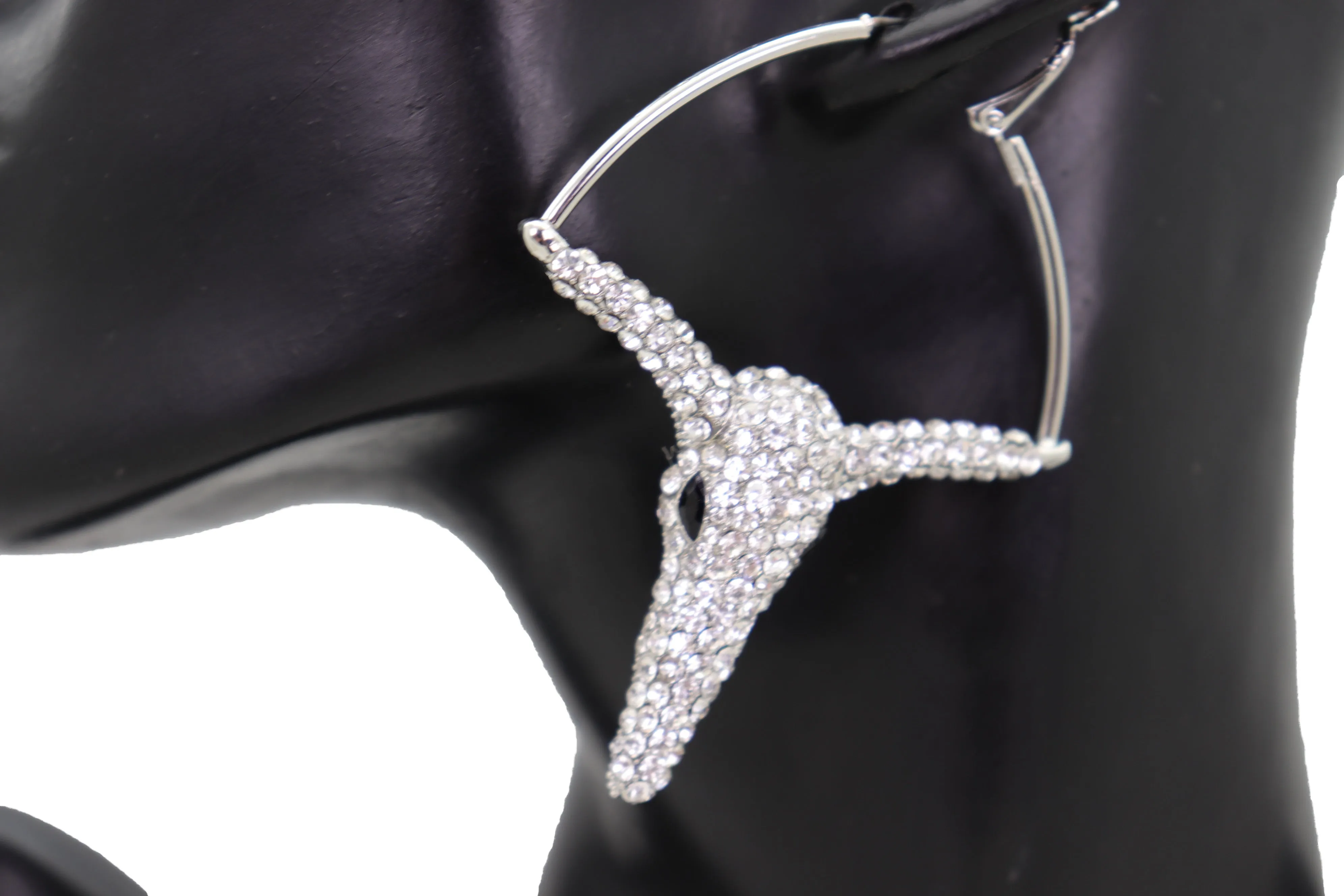 Silver Rhinestone Texas Longhorn Hoop Earrings