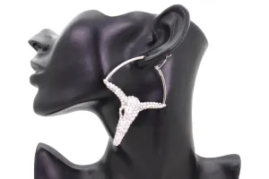 Silver Rhinestone Texas Longhorn Hoop Earrings