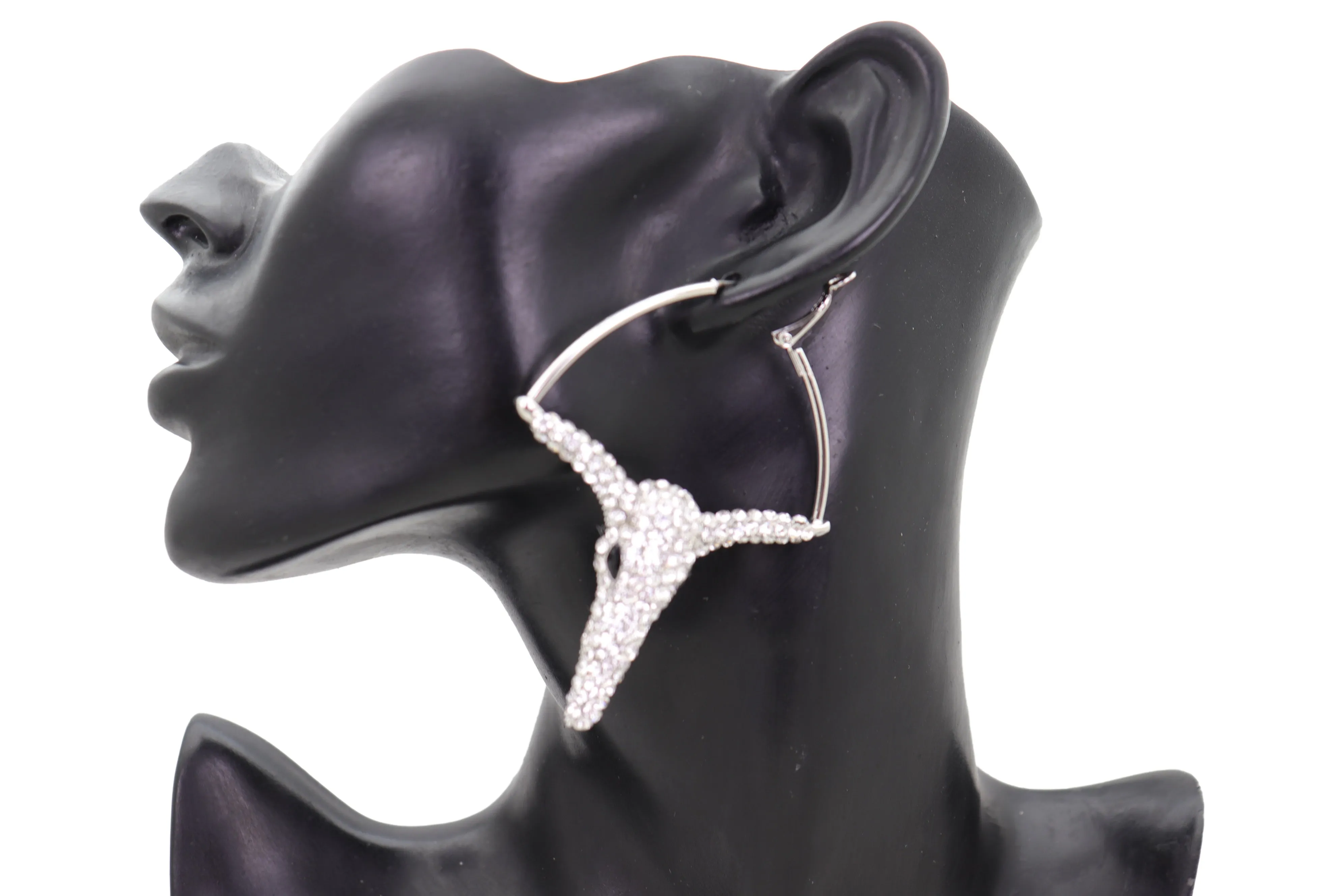 Silver Rhinestone Texas Longhorn Hoop Earrings
