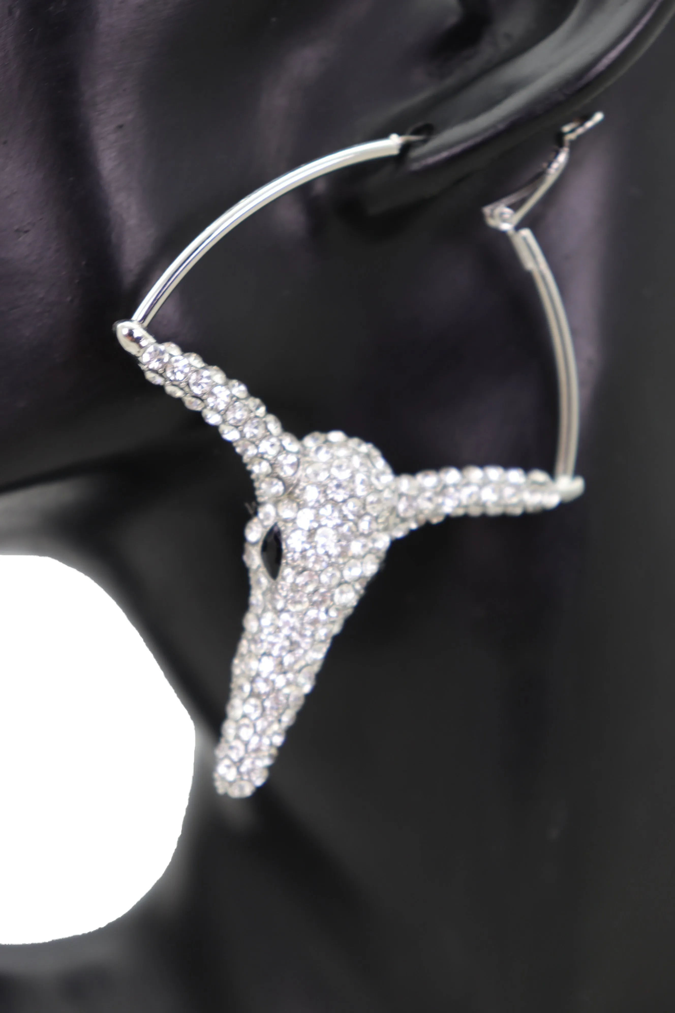 Silver Rhinestone Texas Longhorn Hoop Earrings