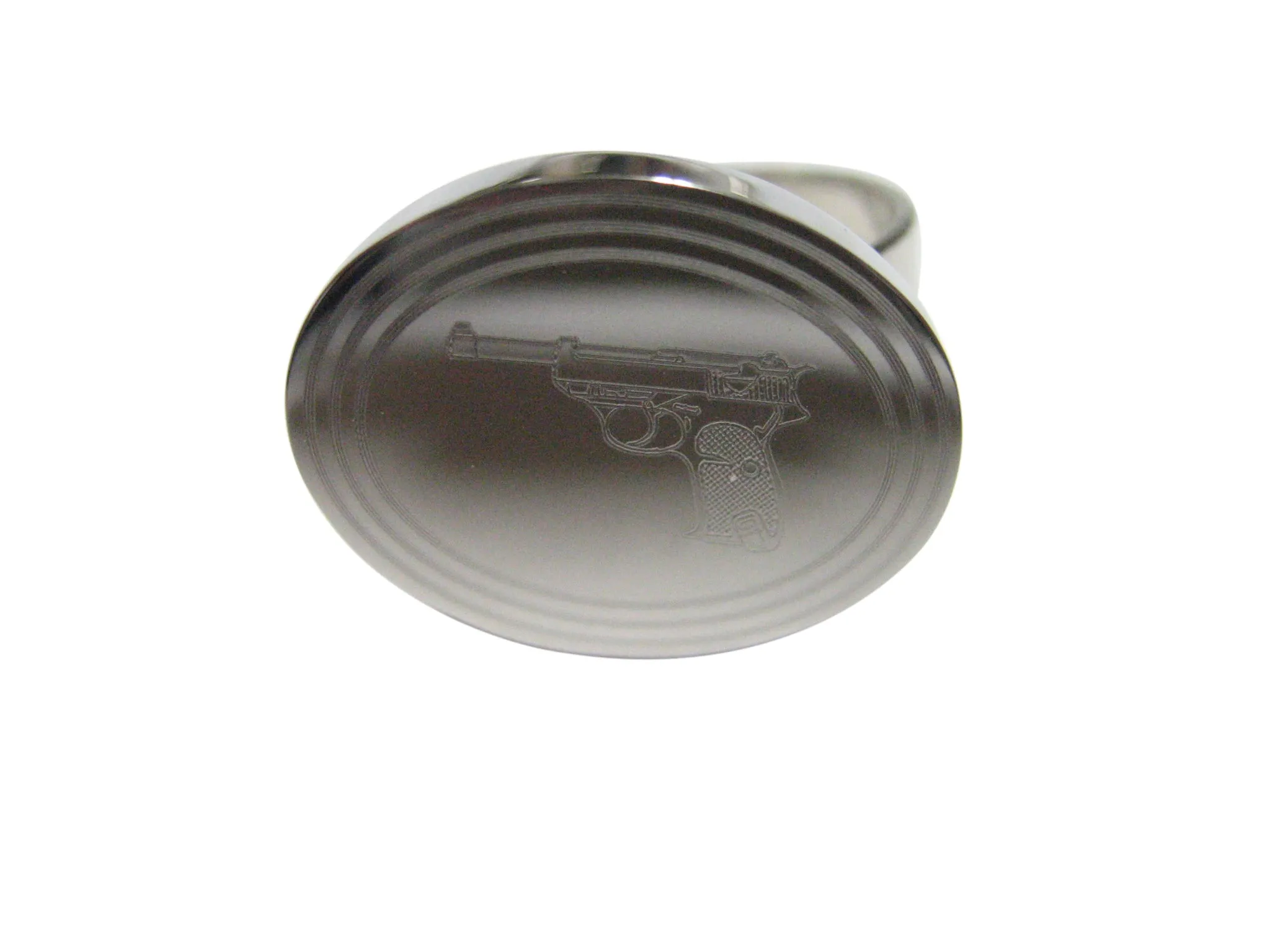 Silver Toned Etched Oval Retro Handgun Adjustable Size Fashion Ring