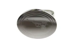 Silver Toned Etched Oval Retro Handgun Adjustable Size Fashion Ring