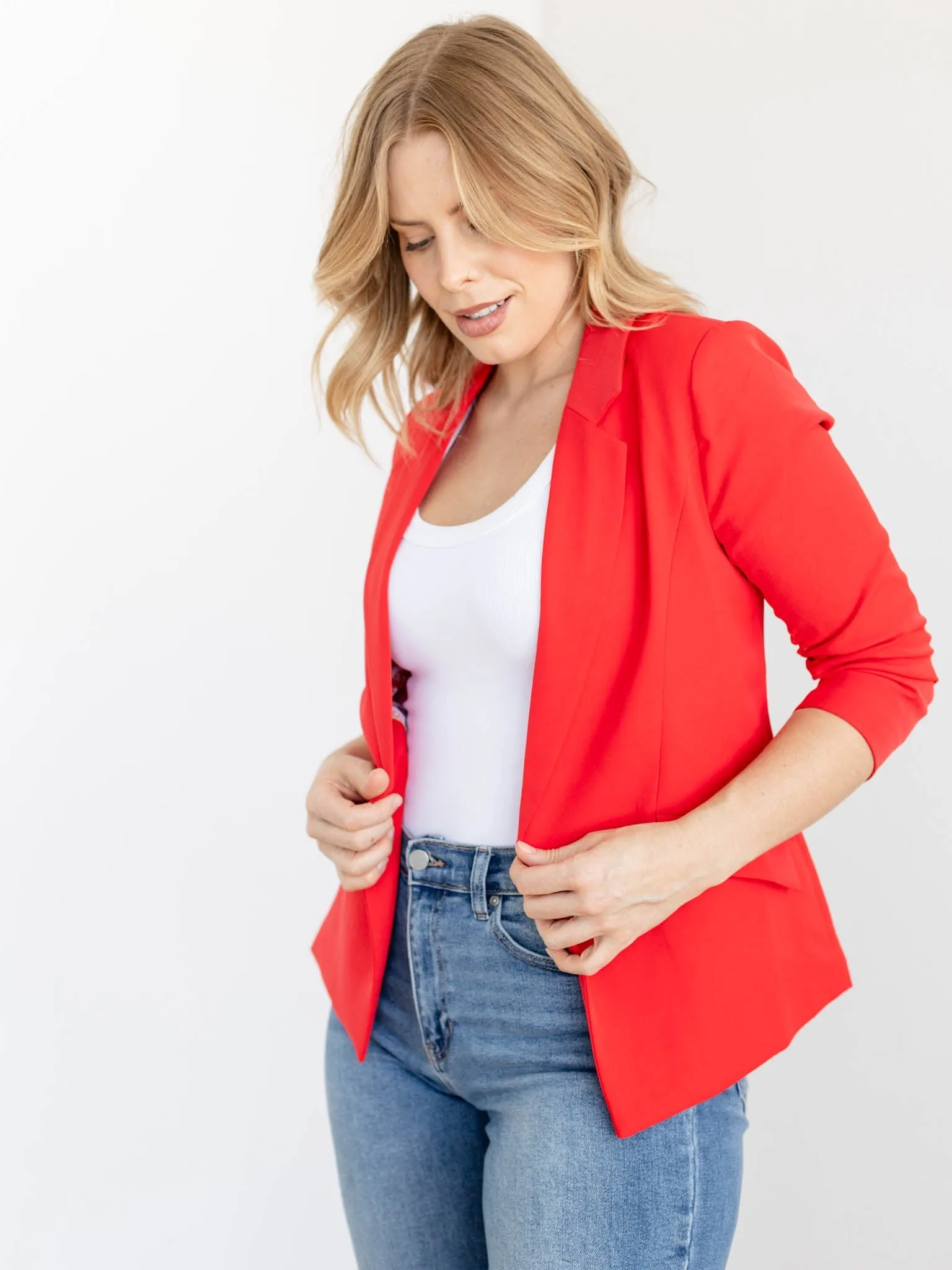 Skies Are Blue Shirred Sleeve Blazer