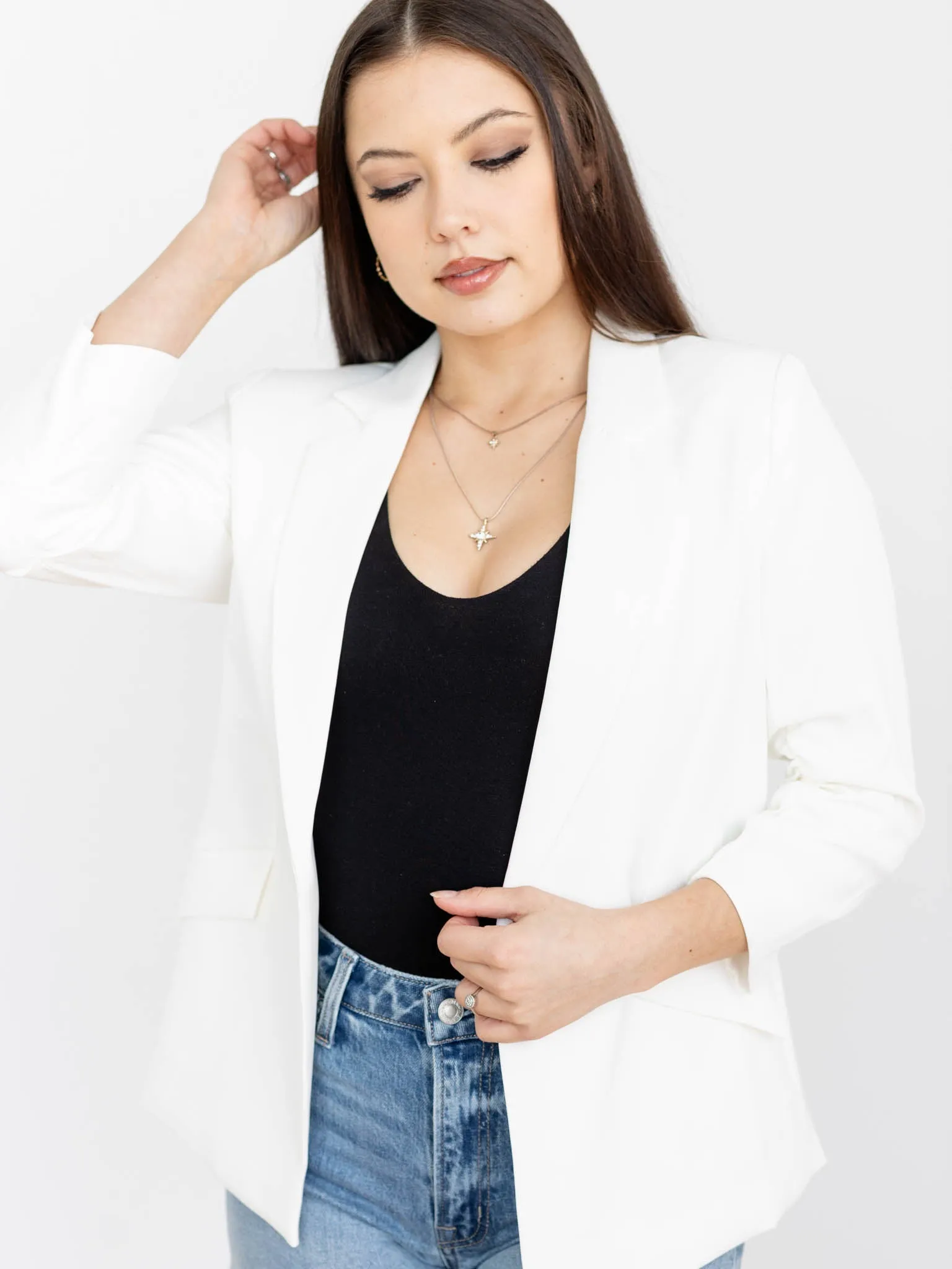 Skies Are Blue Shirred Sleeve Blazer