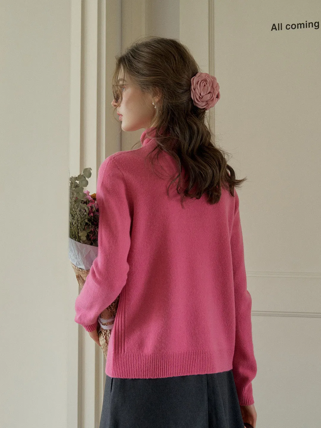 Solana Basic Versatile Turtleneck 100% Wool Sweater - Pink
