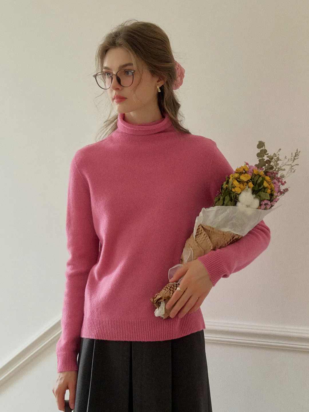Solana Basic Versatile Turtleneck 100% Wool Sweater - Pink