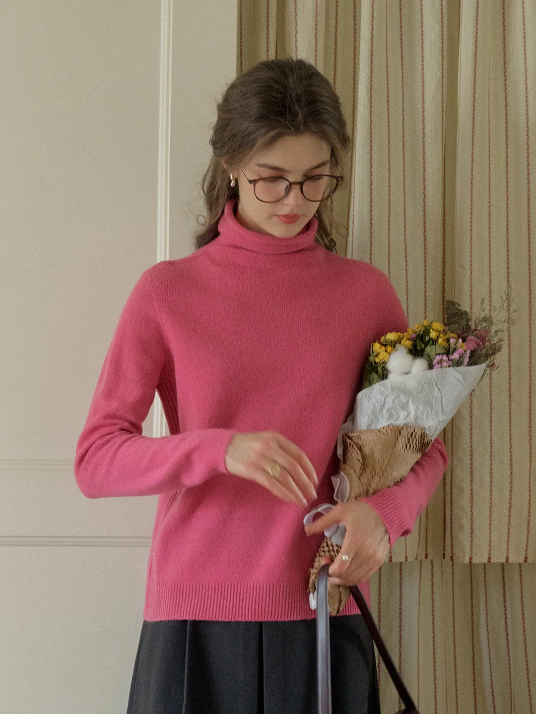 Solana Basic Versatile Turtleneck 100% Wool Sweater - Pink