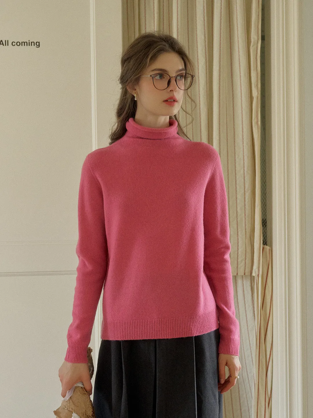 Solana Basic Versatile Turtleneck 100% Wool Sweater - Pink