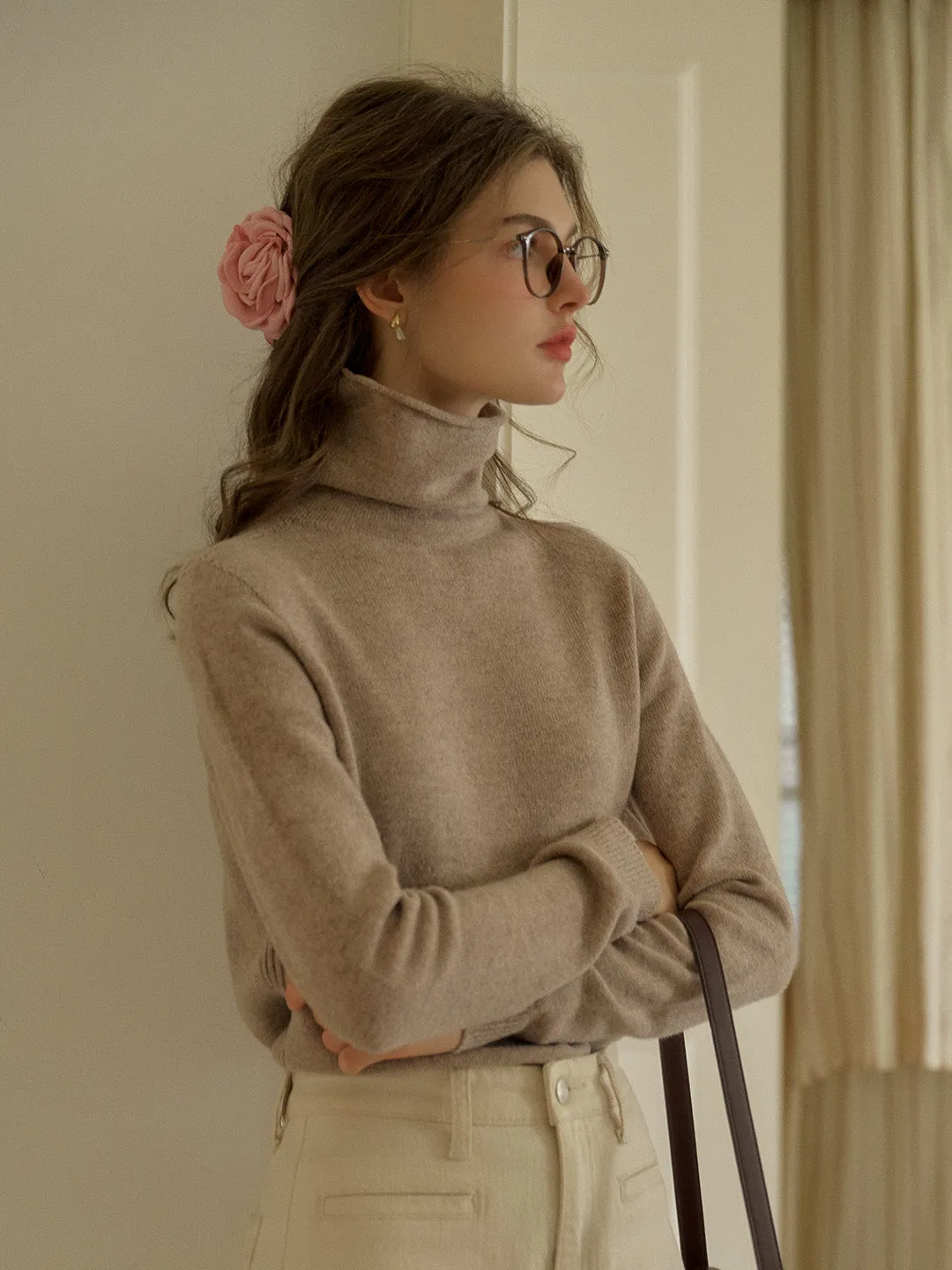 Solana Basic Versatile Turtleneck 100% Wool Sweater - Pink