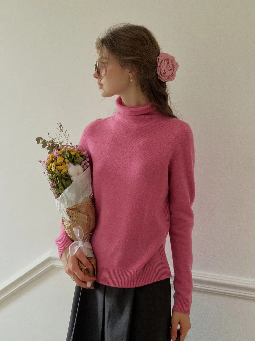 Solana Basic Versatile Turtleneck 100% Wool Sweater - Pink