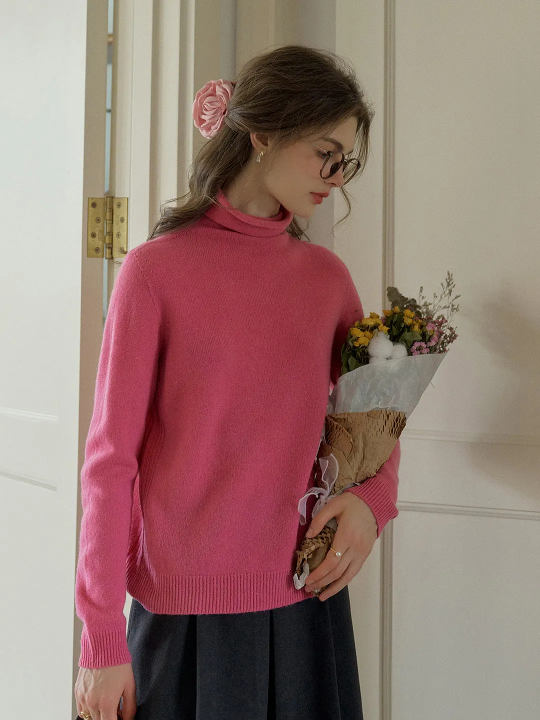 Solana Basic Versatile Turtleneck 100% Wool Sweater - Pink