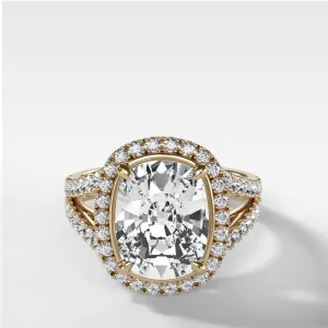 Split Shank Halo Engagement Ring With Elongated Cushion Cut Diamond