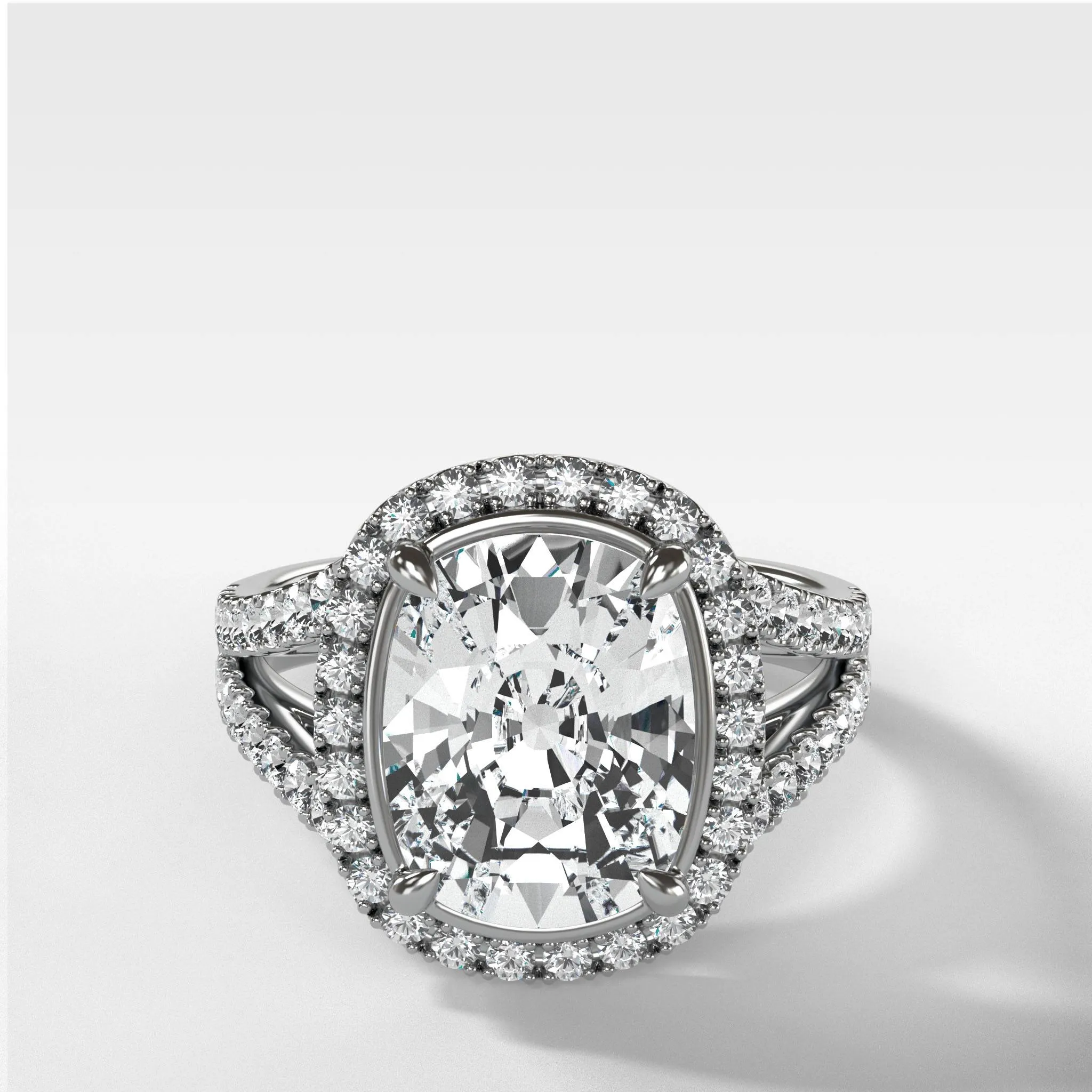Split Shank Halo Engagement Ring With Elongated Cushion Cut Diamond