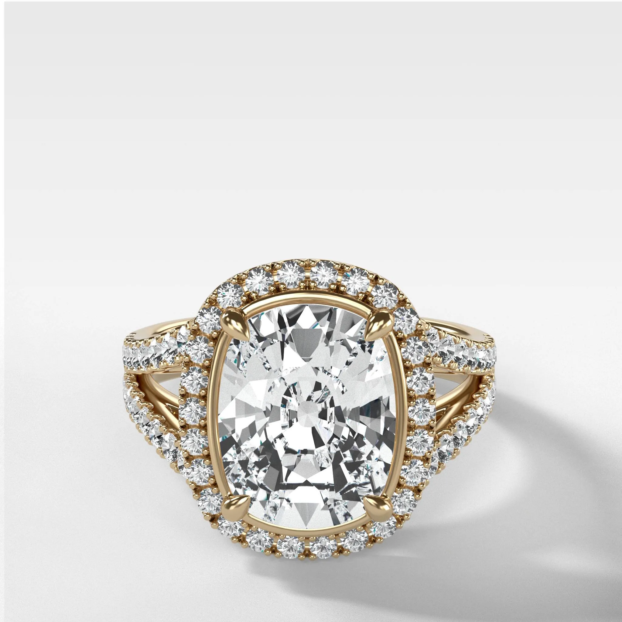 Split Shank Halo Engagement Ring With Elongated Cushion Cut Diamond