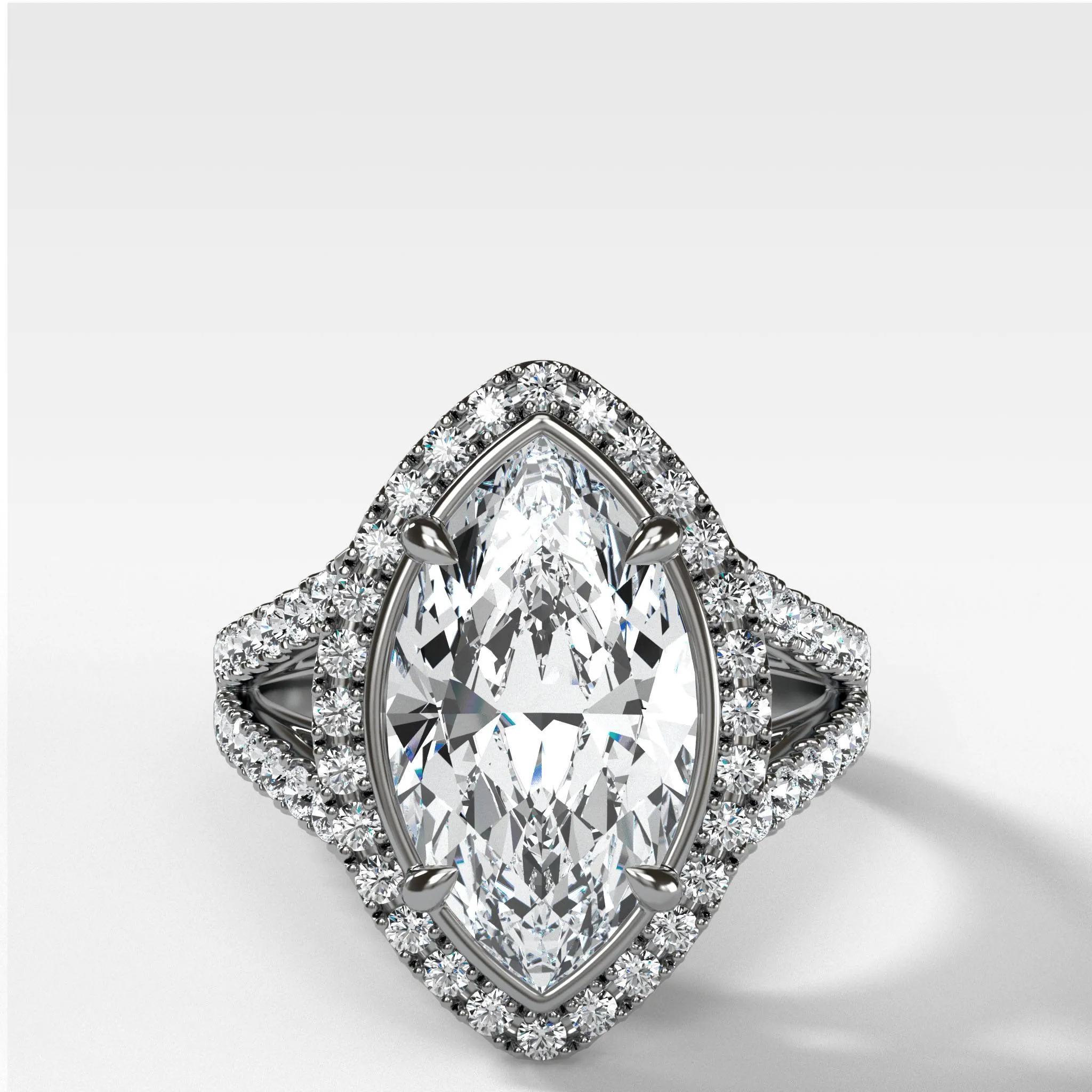 Split Shank Halo Engagement Ring With Marquise Cut Diamond