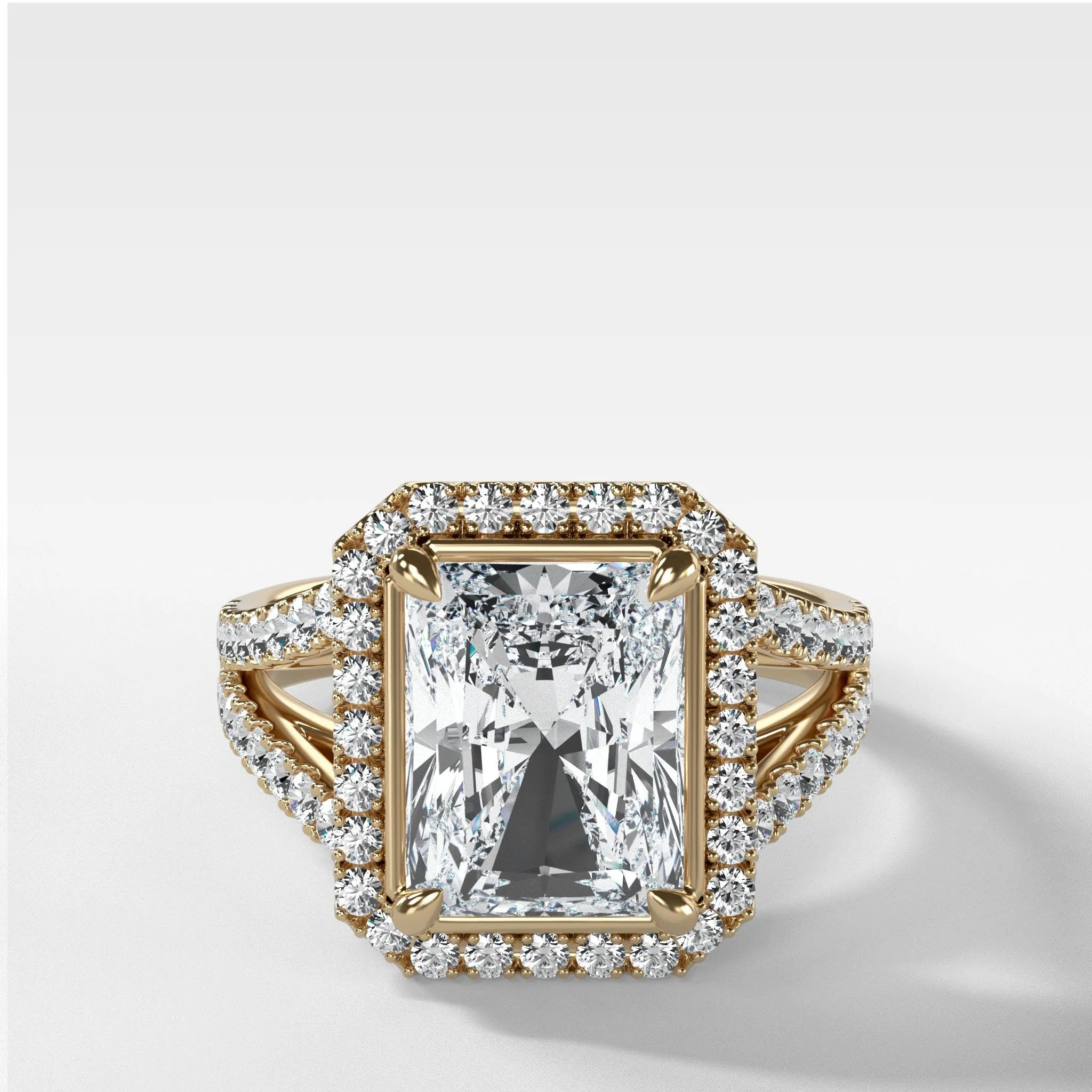 Split Shank Halo Engagement Ring With Radiant Cut Diamond