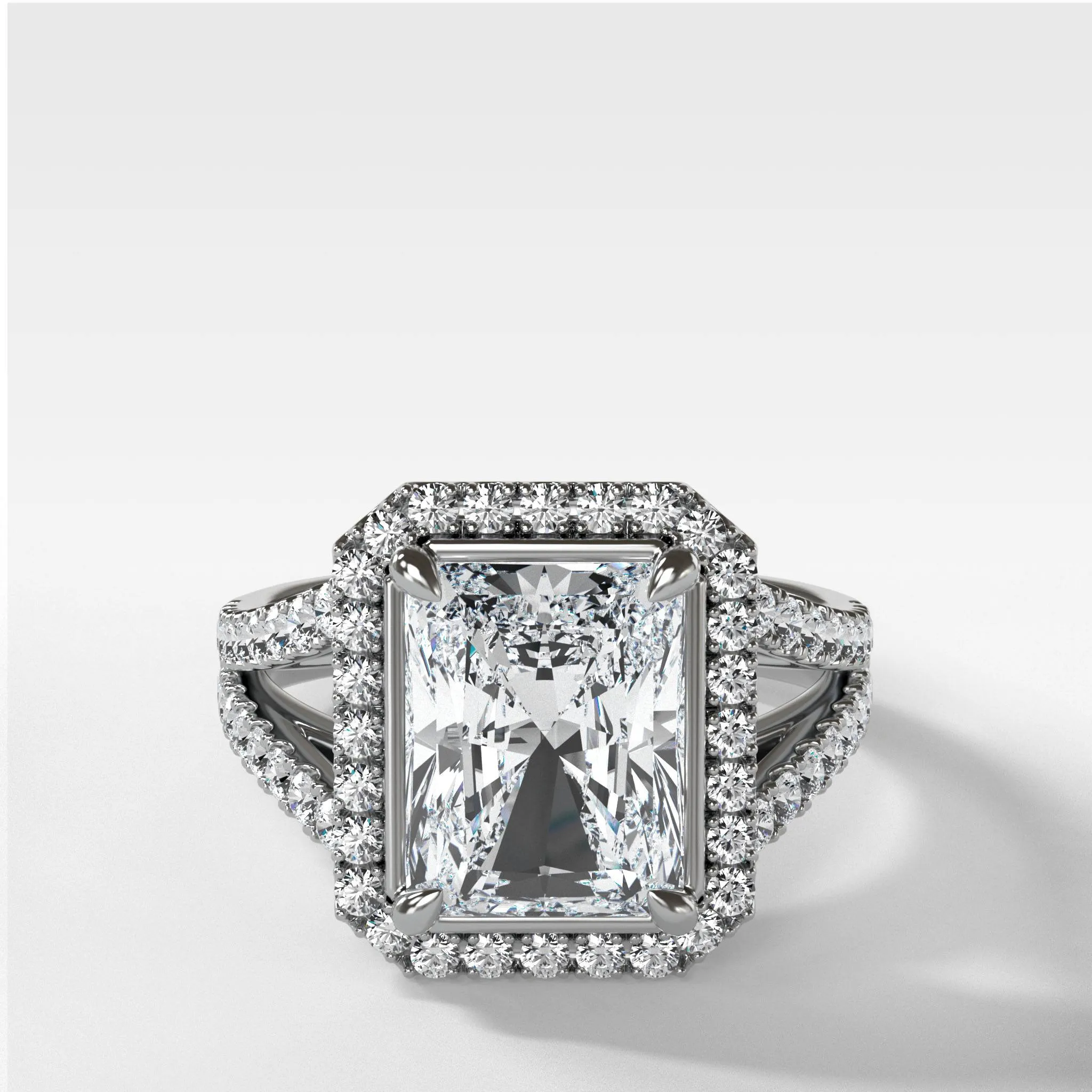 Split Shank Halo Engagement Ring With Radiant Cut Diamond