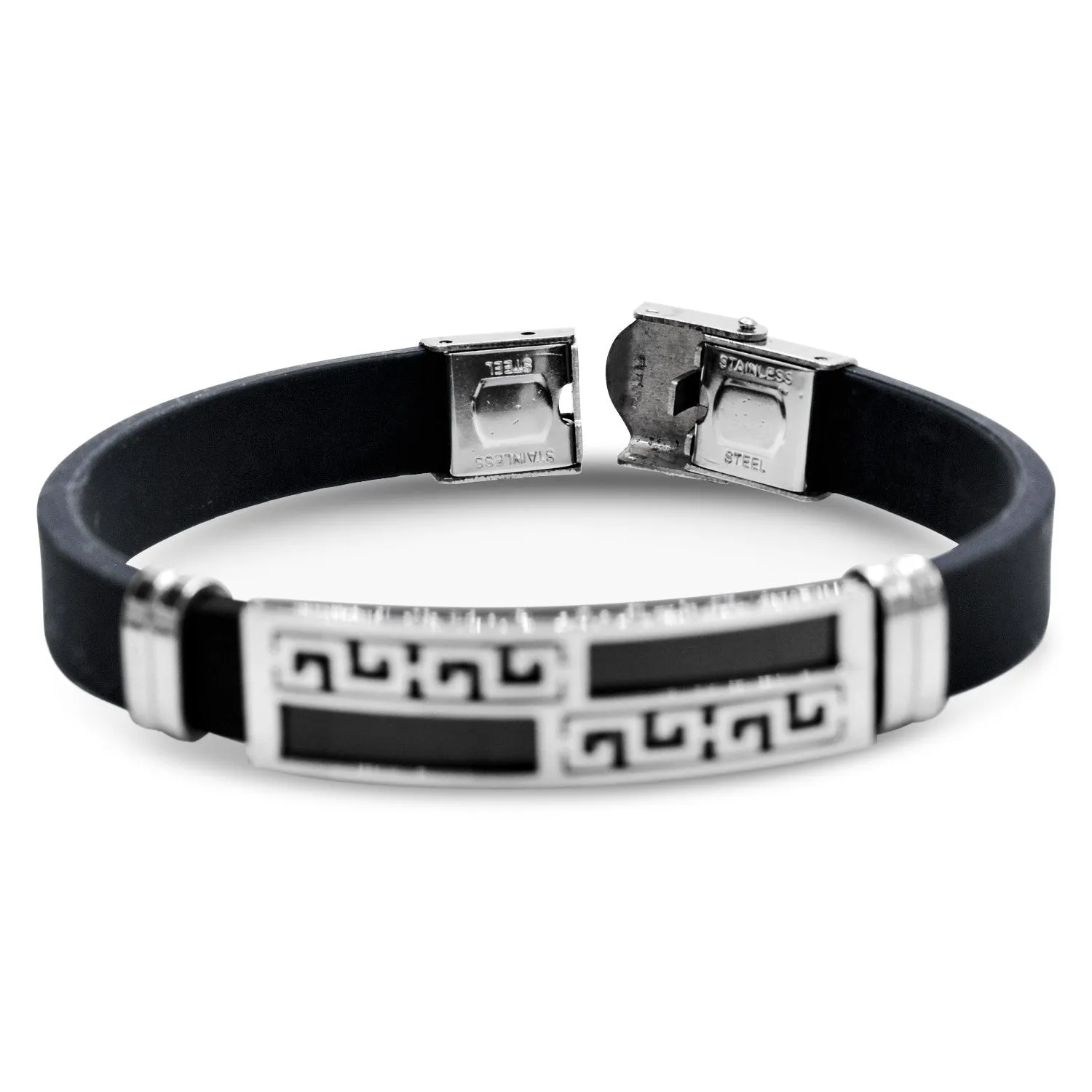Stainless Steel Black Silver Plated Two Tone Design Rubber Bracelet