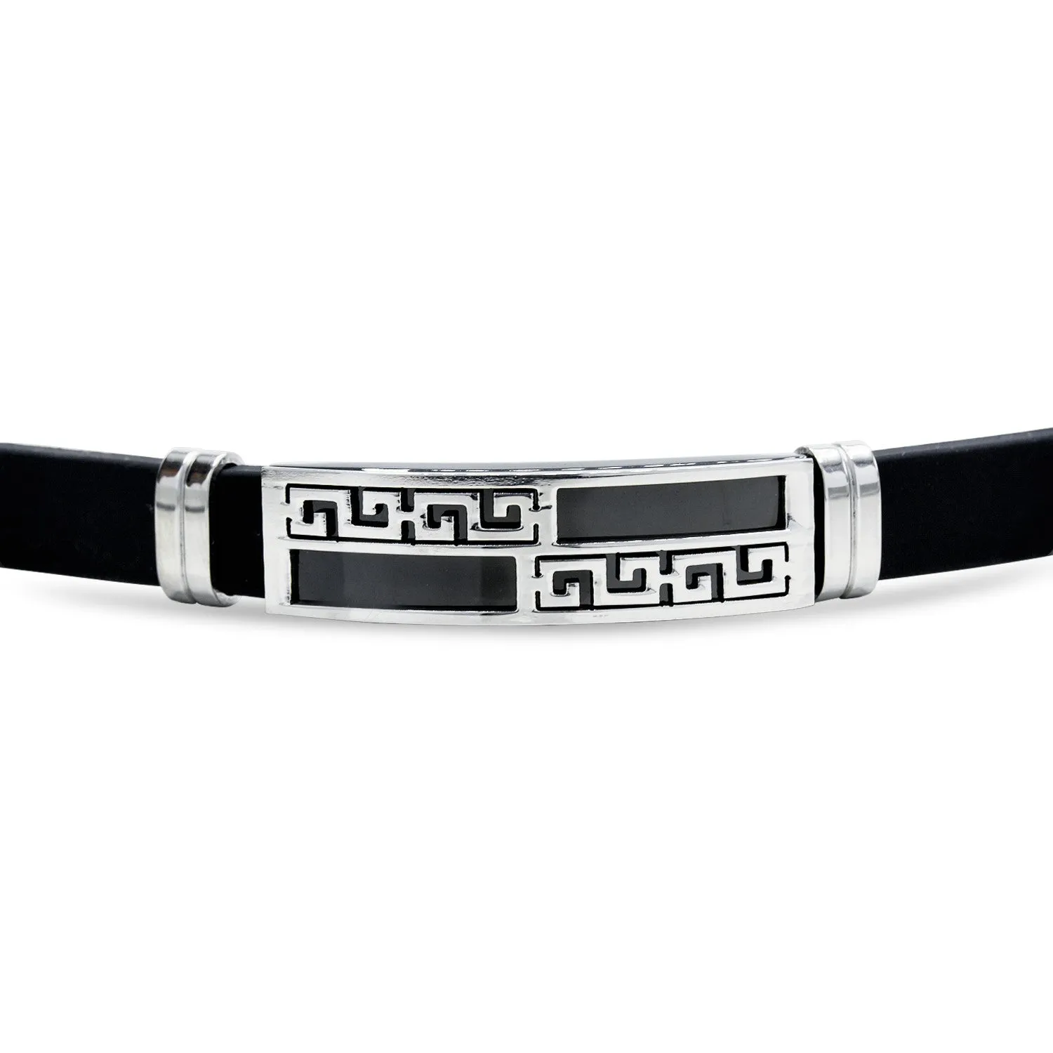 Stainless Steel Black Silver Plated Two Tone Design Rubber Bracelet