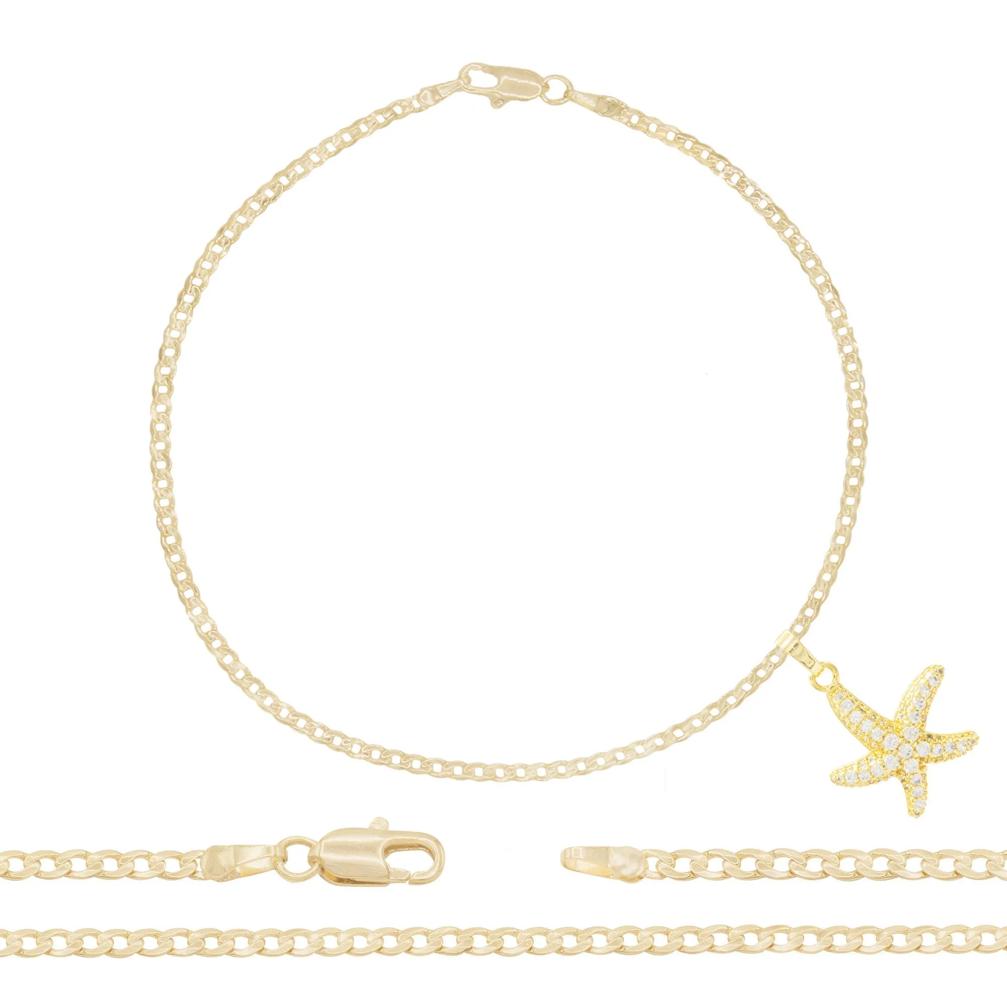 Starfish Pendant 14K Gold Filled Cubic Zirconia Anklet 10" Set 2.5 mm Women Jewelry