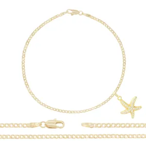 Starfish Pendant 14K Gold Filled Cubic Zirconia Anklet 10" Set 2.5 mm Women Jewelry