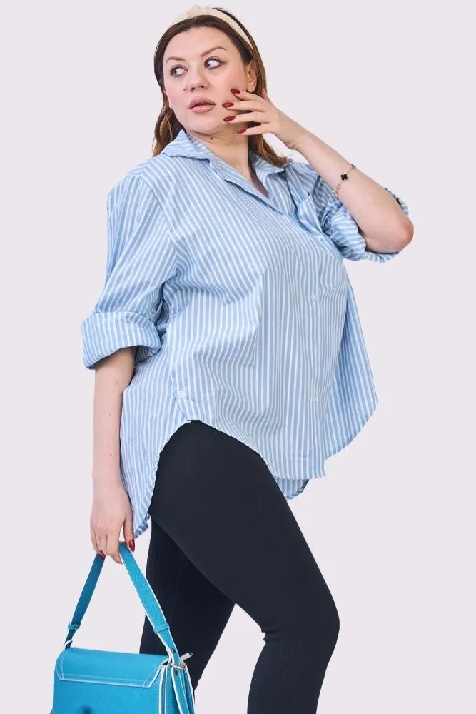 Stripe Print Oversized High Low Hem Front Pocket Cotton Shirt