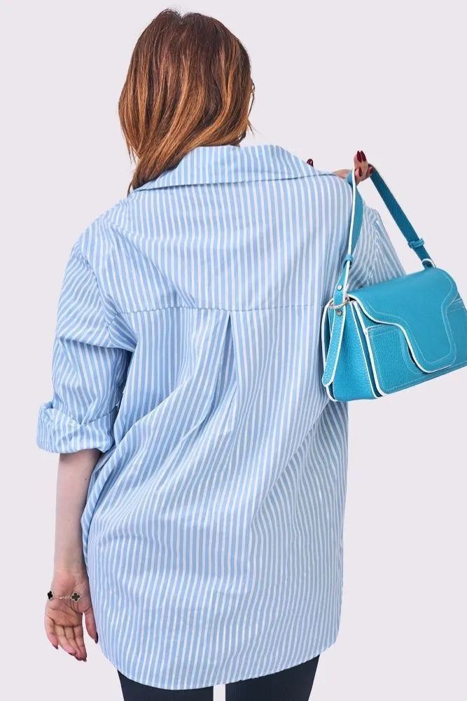 Stripe Print Oversized High Low Hem Front Pocket Cotton Shirt