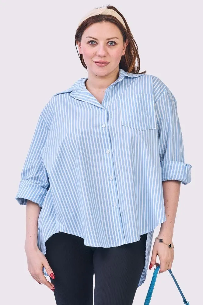 Stripe Print Oversized High Low Hem Front Pocket Cotton Shirt
