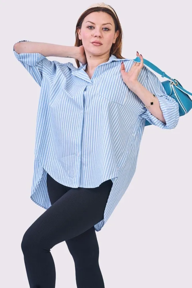 Stripe Print Oversized High Low Hem Front Pocket Cotton Shirt