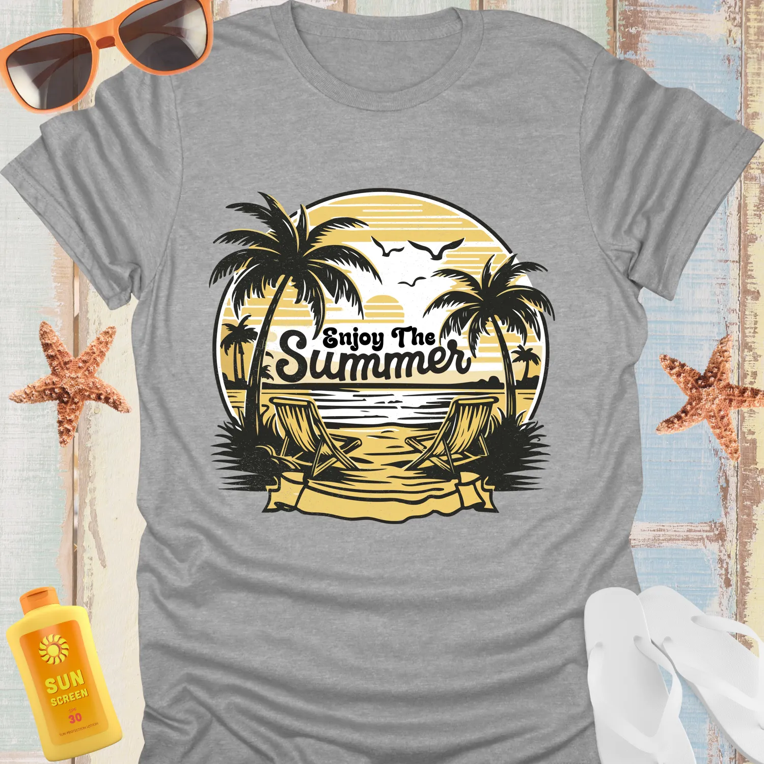 Summer Beach Scene T-Shirt With Palm Trees Design