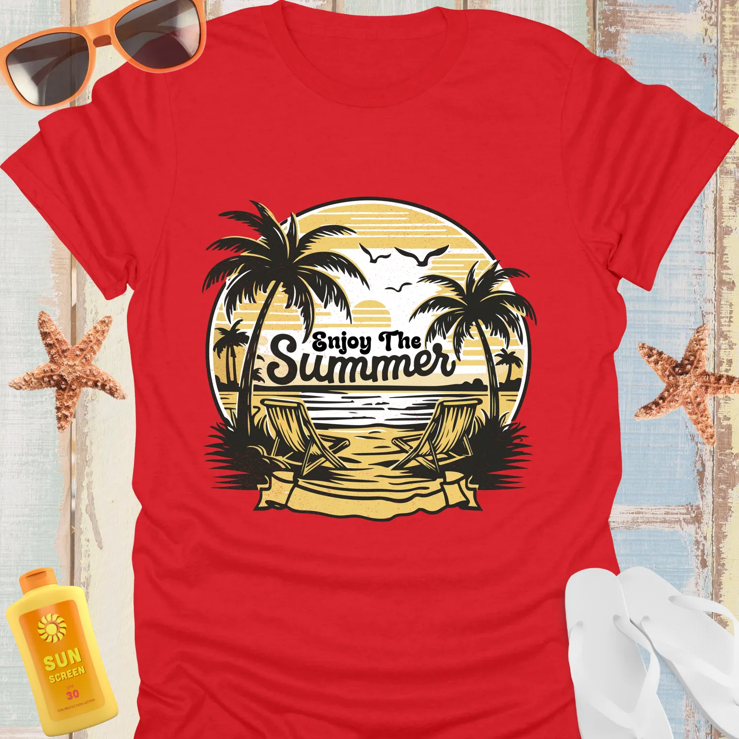 Summer Beach Scene T-Shirt With Palm Trees Design