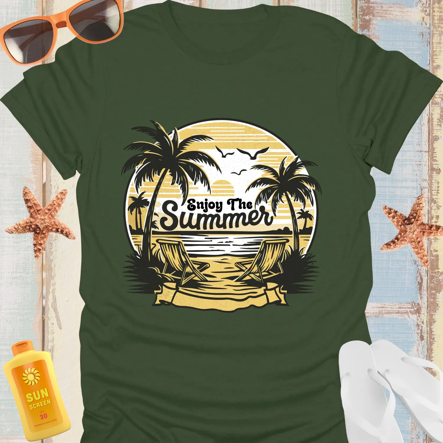 Summer Beach Scene T-Shirt With Palm Trees Design