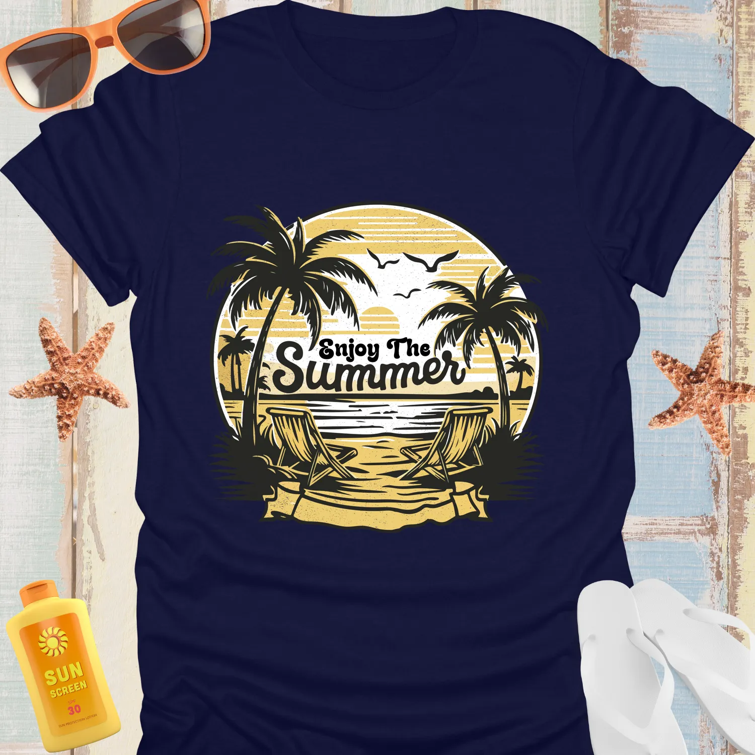 Summer Beach Scene T-Shirt With Palm Trees Design